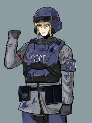 absurdres armor before_and_after blonde_hair blood blood_on_clothes blood_on_face blue_armor blue_eyes chickenartist helldivers_(series) highres salute seaf_soldier_(helldivers) solo super_earth_salute_(helldivers)