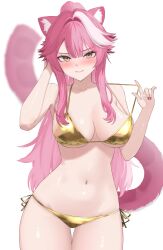 1girl 4kebidayo absurdres animal_ears bikini blush breasts cat_ears cat_girl cat_tail cleavage cowboy_shot gold_bikini hair_intakes highres hololive hololive_english large_breasts long_hair navel pink_hair pink_nails ponytail raora_panthera sidelocks simple_background solo swimsuit tail v-shaped_eyebrows very_long_hair virtual_youtuber white_background