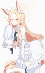 Rule 34 | 1girl, animal ears, bare shoulders, blonde hair, blue archive, blush, bow, breasts, commentary request, corrupted twitter file, detached sleeves, dress, expressionless, fox ears, fox girl, grey background, halo, heart, highres, leaning forward, long hair, looking at viewer, pantyhose, parted lips, seia (blue archive), sideboob, simple background, sleeveless, sleeveless dress, sleeves past fingers, sleeves past wrists, small breasts, striped clothes, striped pantyhose, teik0p, vertical-striped clothes, vertical-striped pantyhose, white dress, yellow bow, yellow eyes, yellow halo