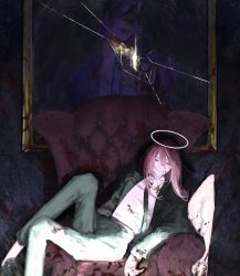 2boys absurdres angel_devil_(chainsaw_man) angel_wings black_hair black_jacket black_necktie black_pants blood blood_on_wall bloody_wings chainsaw_man collared_shirt crack cracked_glass dark dark_background eeeemajikaw formal_clothes gun_devil_(chainsaw_man) hair_between_eyes halo hayakawa_aki highres jacket long_hair looking_at_viewer multiple_boys necktie pants pink_hair reclining shirt short_hair sitting suit white_shirt wings