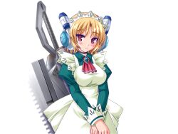 1girl akaza blonde_hair breasts copyrights:maid-san_to_ookina_ken fountain game_cg large_breasts maid non-web_source red_eyes robot_ears short_hair sitting solo sword tamaki_rena weapon