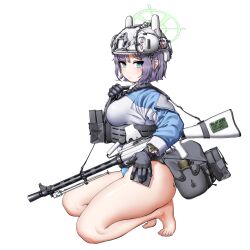 1girl absurdres bag bare_legs barefoot bikini black_gloves blue_archive blue_bikini blue_jacket blush breasts ceramic_plate closed_mouth combat_helmet from_side gloves green_eyes grey_bag gun helmet highres holding holding_bag holding_gun holding_weapon jacket large_breasts light_machine_gun looking_at_viewer machine_gun official_alternate_costume purple_hair saki_(blue_archive) saki_(swimsuit)_(blue_archive) short_hair solo squatting swimsuit weapon