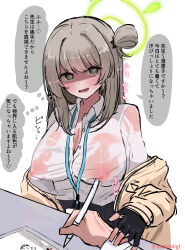 1girl black_gloves blonde_hair blue_archive breasts cleavage collared_shirt commentary_request covered_erect_nipples earosoligt fingerless_gloves gloves green_eyes green_halo hair_bun halo heart heart_in_eye highres jacket lanyard large_breasts long_hair looking_at_viewer no_bra nonomi_(blue_archive) open_clothes open_jacket paid_reward_available partially_unbuttoned see-through_clothes see-through_shirt shaded_face shirt simple_background single_side_bun sketch symbol_in_eye translated wet wet_clothes wet_shirt white_background white_shirt
