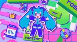 1girl 3d ^_^ aqua_necktie blockbench_(medium) blue_hair boots cd closed_eyes commentary detached_sleeves english_commentary english_text hatsune_miku highres long_hair low_poly microphone necktie official_art open_mouth outline radiant_revival_(vocaloid) shirt skirt sleeveless sleeveless_shirt smile solo spring_onion thigh_boots twintails very_long_hair violet_(violxiv) vocaloid white_outline window_(computing)
