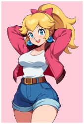 1girl absurdres arms_behind_head belt blonde_hair blue_eyes bow breasts cleavage collarbone denim denim_shorts earrings hair_bow highres jacket jewelry large_breasts long_hair looking_at_viewer mario_(series) mario_kart mario_kart_world mcarthur1010 nintendo nintendo_switch_2 open_mouth pink_jacket ponytail princess_peach princess_peach_(touring) shirt shorts sleeveless smile solo sphere_earrings white_shirt