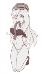 1girl aino_minako armpits bikini bishoujo_senshi_sailor_moon breasts highleg highres long_hair medium_breasts monochrome one_eye_closed scorpdk swimsuit undressing very_long_hair