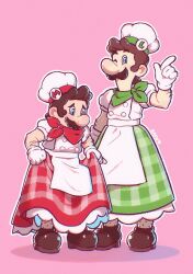 2boys alternate_costume apron artist_name bandana blue_eyes boots brothers brown_footwear brown_hair chef_hat cosplay crossdressing crossdressing_(mtf) facial_hair full_body gloves green_bandana green_skirt hat highres looking_at_viewer looking_down luigi mario mario_(series) multiple_boys mustache nintendo one_eye_closed patissiere_peach patissiere_peach_(cosplay) pink_background plaid_clothes plaid_skirt princess_peach princess_peach:_showtime! princess_peach_(cosplay) puffy_short_sleeves puffy_sleeves red_bandana red_skirt saiwo_(saiwoproject) shirt short_hair short_sleeves siblings simple_background skirt white_apron white_gloves white_hat white_shirt