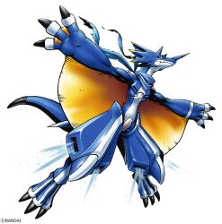 Rule 34 | blue scales, crotch plate, digimon, digimon (creature), digimon ghost game, dragon, full body, horns, kausgammamon, official art, outstretched arms, simple background, spread arms, white background, yellow eyes, yellow wings