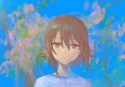 1girl brown_eyes brown_hair buttons casual closed_mouth girls_und_panzer highres long_sleeves looking_at_viewer nishizumi_maho payama shirt short_hair smile solo striped_clothes striped_shirt tree upper_body