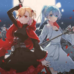 Rule 34 | 2girls, arm up, ashizawa saki, az (zero glvimayhop), black dress, black nails, blonde hair, blue eyes, blue hair, cape, closed mouth, colored inner hair, corset, cosplay, crescent rose, cross-laced clothes, cross-laced corset, dress, flower, hair between eyes, hair flower, hair ornament, head wreath, highres, layered dress, long hair, long sleeves, multicolored hair, multiple girls, myrtenaster, nail polish, one side up, parted lips, pink hair, ponytail, red cape, red eyes, riot music, ruby rose, ruby rose (cosplay), rwby, short hair, shrug (clothing), smile, standing, two-tone hair, virtual youtuber, weiss schnee, weiss schnee (cosplay), white dress, white flower