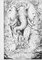 1boy absurdres animal back belt commentary_request facing_away fighting_stance from_behind highres holding holding_knife jungle knife legs_apart loincloth mammoth monochrome nature original outdoors plant rabbit reo_(salmomomon) sandals sweat tattoo topless_male traditional_media tribal tribal_tattoo tusks vines