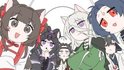 2girls 4boys :3 animal_ears annoyed arch belt belt_buckle black_belt black_cape black_headband black_shirt blue_hair blush_stickers bow bow-shaped_hair brown_eyes brown_hair brown_jacket buckle cape character_request chinese_clothes chinese_commentary circlet closed_mouth collarbone collared_shirt commentary_request cowboy_shot deformed dot_nose double_bun eyelashes eyes_visible_through_hair facial_mark flat_color flower forehead_mark fox_ears frilled_sleeves frills furrowed_brow gloom_(expression) green_hanfu grey_hair grey_hanfu hair_between_eyes hair_bow hair_bun hair_flower hair_ornament hairpin hand_on_own_chin hanfu headband highres indoors jacket juliet_sleeves long_hair long_hair_between_eyes long_sleeves looking_at_viewer low_twintails mole mole_under_eye moubaixingbuzhimingguangzhinizi multiple_boys multiple_girls neck_ribbon nervous nervous_sweating open_mouth parted_bangs parted_lips puffy_sleeves purple_eyes purple_shawl red_bow red_eyes red_flower red_ribbon ribbon robe shawl shirt short_hair single_blush_sticker single_hair_bun sleeve_bow sleeves_past_fingers sleeves_past_wrists slit_pupils smile sweat tassel tassel_hair_ornament triangle_mouth turtleneck turtleneck_shirt twintails wavy_hair white_background white_bow white_robe white_shirt wide-eyed wide_sleeves wuwei_you_chu_you_hai_wu