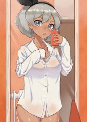 Rule 34 | 1girl, alternate costume, bea (pokemon), blush, breasts, collarbone, commentary request, dark-skinned female, dark skin, gen 4 pokemon, grey hair, hairband, hands up, highres, holding, long sleeves, looking at viewer, mirror, mirror selfie, nintendo, open mouth, pokemon, pokemon (creature), pokemon swsh, pov, reflection, rotom, rotom phone, selfie, shirt, short hair, teeth, tongue, tsugumi amon, upper teeth only, white shirt