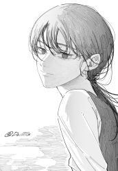 1girl artist_name black_hair chainsaw_man commentary crosshatching dollllls2 dress english_commentary fourth_east_high_school_uniform greyscale hatching_(texture) highres long_hair mitaka_asa monochrome pinafore_dress school_uniform simple_background sleeveless sleeveless_dress