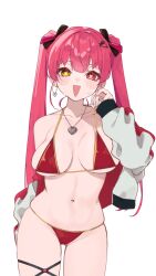 1girl arm_behind_back bare_legs bikini black_bow bow breasts cleavage earrings hair_bow hair_ornament halterneck heart heart_earrings heart_necklace heterochromia high_ponytail highres hololive hoop_earrings houshou_marine houshou_marine_(summer) jacket jewelry large_breasts light_blush long_hair long_sleeves multicolored_jacket nail_polish navel necklace official_alternate_costume official_alternate_hairstyle open_clothes open_jacket open_mouth ponytail red_bikini red_eyes red_hair red_jacket sleeves_past_wrists solo stomach string_bikini sweatdrop swimsuit thigh_strap twintails very_long_hair virtual_youtuber white_jacket white_nails yellow_eyes yuri_yutaka