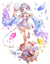 1girl arm_up baizu_(guszx) blue_eyes blue_gemstone blush bow breasts collarbone dress full_body gem gem_hair_ornament hair_bow hair_ornament hand_fan holding jewelry looking_at_viewer miniskirt navel open_hand open_mouth outstretched_arm outstretched_hand palms paper_fan pink_gemstone pleated_skirt red_gemstone shironeko_project short_hair simple_background skirt small_breasts smile solo spread_fingers standing standing_on_one_leg thighs tina_topia transparent_background uchiwa