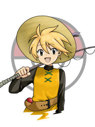 1girl :d absurdres aojiru_udon belt black_eyes black_shirt blonde_hair brown_belt brown_hat fishing_rod hair_between_eyes hat highres holding holding_fishing_rod long_sleeves looking_at_viewer nintendo open_mouth poke_ball poke_ball_symbol pokemon pokemon_adventures shirt short_hair smile solo tunic upper_body waist_poke_ball yellow_(pokemon) yellow_tunic
