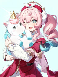 1girl ;o absurdres animal aqua_eyes aqua_hair commentary dress drill_hair hat highres holding holding_animal honkai:_star_rail honkai_(series) hyacine_(honkai:_star_rail) isuhi little_ica_(honkai:_star_rail) looking_at_viewer medium_hair multicolored_hair one_eye_closed pink_hair red_dress red_hat simple_background twin_drills two-tone_hair white_background
