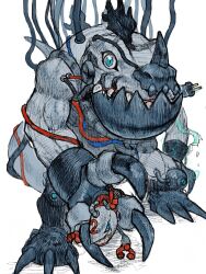 analog_boy02 blue_eyes cable cyborg digimon digimon_(creature) full_body grey_scales highres looking_at_viewer metaltyranomon sharp_teeth simple_background teeth tyrannosaurus_rex white_background