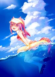 Rule 34 | 1girl, animal ears, bikini, blush, breasts, bubble, cloud, commentary, hair between eyes, haru urara (umamusume), highres, horse ears, horse girl, horse tail, innertube, long hair, looking at viewer, moko39 takasora, ocean, open mouth, pink eyes, pink hair, ponytail, revision, small breasts, swim ring, swimsuit, symbol-only commentary, tail, umamusume, visor cap, water