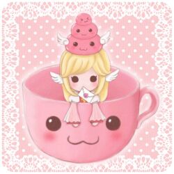 Rule 34 | 1girl, :3, angeling, arch bishop (ragnarok online), blonde hair, blush, chibi, chibi only, commentary request, cup, dated commentary, dress, envelope, feathered wings, head wings, in container, in cup, juliet sleeves, long hair, long sleeves, looking at viewer, mini person, minigirl, mouth hold, pink background, pink theme, poring, puffy sleeves, ragnarok online, slime (creature), solid circle eyes, solo, teacup, tiako, upper body, white dress, white wings, wings