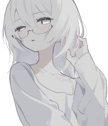 1girl absurdres black-framed_eyewear commentary expressionless glasses grey_eyes grey_hair grey_shirt hair_between_eyes hand_up highres long_hair long_sleeves looking_at_viewer myomuron original parted_lips semi-rimless_eyewear shirt simple_background sleeves_past_wrists solo under-rim_eyewear upper_body white_background