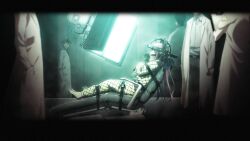 1girl 3boys ball_gag barefoot bound bound_arms bound_legs chaos;child constricted_pupils crossed_arms doctor feet from_behind gag gagged game_cg glass glowing highres jacket lab_coat leather_strap long_hair minamisawa_senri monitor multiple_boys official_art padded_jacket pain pink_hair reflection restrained sasaki_mutsumi screen screen_light sitting straitjacket toes torture wide-eyed