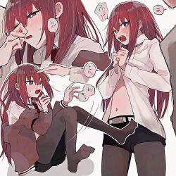 1boy 1girl arm_belt beard_stubble belt black_pantyhose black_shorts blush bright_pupils brown_jacket commentary_request covering_privates dress_shirt drooling embarrassed facial_hair hair_between_eyes highres jacket long_hair makise_kurisu multiple_views navel necktie no_shoes okabe_rintarou outline pantyhose pantyhose_under_shorts purple_eyes red_hair red_necktie shirt shorts sidelocks speech_bubble steins;gate stubble suehiroch0 sweatdrop translation_request white_background white_belt white_outline white_pupils white_shirt