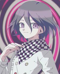 Rule 34 | 1990s (style), 1boy, buttons, checkered clothes, checkered scarf, closed mouth, danganronpa (series), danganronpa v3: killing harmony, flipped hair, hair between eyes, hand up, highres, long sleeves, looking at viewer, male focus, multicolored buttons, oma kokichi, purple eyes, purple hair, retro artstyle, ringed eyes, scarf, shju0101, short hair, smile, solo, swirl, two-tone scarf, upper body