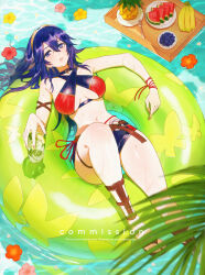 1girl adapted_costume armlet bikini blue_hair brand_of_the_exalt breasts cleavage commission fire_emblem fire_emblem_awakening fire_emblem_cipher floating_tray flower from_above gladiator_sandals highres jewelry lucina_(fire_emblem) medium_breasts multicolored_bikini nintendo ribbon sandals solo sumustard swim_ring swimsuit symbol-shaped_pupils thighs tiara water wrist_ribbon
