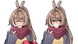 1girl ahoge blue_coat blush brown_eyes brown_hair casual coat feather_hair_ornament feathers fingernails gift hair_ornament hairclip happy_valentine highres holding holding_gift hololive hololive_english long_hair m_r_b multicolored_hair multiple_views nanashi_mumei official_alternate_costume peacoat ponytail red_scarf scarf streaked_hair sweater tsundere valentine very_long_hair virtual_youtuber yellow_sweater