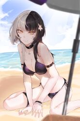 1girl absurdres beach bikini black_bikini black_hair blue_sky breasts day highres hololive hololive_english kurochanai large_breasts long_hair looking_at_viewer multicolored_hair ocean outdoors sand shiori_novella sky solo split-color_hair swimsuit thigh_strap two-tone_hair virtual_youtuber white_hair yellow_eyes