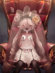 1boy 1girl absurdres ass bare_shoulders belly black_nails blush bonnet bow breasts commission cum eyelashes fingernails flat_chest flower grey_hair halloween heterochromia highres implied_fellatio implied_sex izumi_kumi lingerie loli long_hair moromoro_0p0 nail_polish nipples open_mouth orange_eyes original pointy_ears pussy red_eyes rose seat sharp_fingernails sitting slit_pupils straight_hair tagme thighs throne tongue tongue_out uncensored underwear vampire