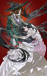 Rule 34 | 2girls, absurdres, arm grab, black hair, black skirt, bow, brown hair, closed eyes, collared shirt, dress, floating hair, glasses, gloves, gown, green headwear, green jacket, hair bow, hat, hat feather, highres, isolde (reverse:1999), jacket, juliet sleeves, kakania (reverse:1999), lap pillow, long dress, long hair, long skirt, long sleeves, low ponytail, multiple girls, neck ribbon, pink dress, ponytail, profile, puffy sleeves, purple vest, red background, red ribbon, reverse:1999, ribbon, round eyewear, shirt, skirt, sleeping, smile, sun hat, two-tone dress, very long hair, vest, waistcoat, white dress, white gloves, white shirt, yanghua gaizi, yellow bow, yellow gloves, yuri