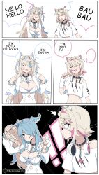 ! !! 2girls absurdres animal_ears blonde_hair blue_hair breasts cleavage closed_eyes cosplay daydarion disguise dog_ears elira_pendora english_text fuwawa_abyssgard fuwawa_abyssgard_(1st_costume) fuwawa_abyssgard_(cosplay) hair_over_one_eye head_wings highres hololive hololive_english large_breasts mococo_abyssgard mococo_abyssgard_(1st_costume) multiple_girls nijisanji nijisanji_en pointing pointing_at_self sweatdrop to_be_continued v virtual_youtuber wide-eyed wig wings