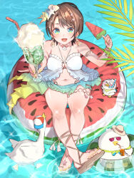 1girl :d azuma_(azmdraw) bikini blue_eyes breasts brown_hair dessert drink drinking_straw earrings feet floating food from_above gradient_bikini gradient_sarong green_sarong halterneck highres holding holding_drink hololive holonatsu_paradise jewelry large_breasts looking_at_viewer navel oozora_subaru_(holonatsu_paradise) open_mouth parted_bangs popsicle sandals sarong shell_hair_ornament short_hair smile solo stomach suba_tomo_(big) suba_tomo_(small) subaru_duck swimsuit thighlet toes virtual_youtuber watermelon_bar watermelon_innertube white_bikini yellow_nails