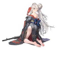 1girl a-545 a-545_(girls&#039;_frontline) a-545_(silver_tree&#039;s_gratitude)_(girls&#039;_frontline) ass barefoot blue_eyes blue_sash bullet_hole double_bun earrings eyeshadow feet fingernails floral_print floral_print_kimono from_behind full_body fur_collar girls&#039;_frontline grey_kimono hagoita hair_bun highres holding japanese_clothes jewelry kimono kneeling light_frown lipstick long_hair long_sleeves looking_at_viewer looking_back makeup messikid obi off_shoulder official_alternate_costume official_art paddle parted_lips pink_nails print_kimono sash simple_background soles solo third-party_source toes transparent_background very_long_hair white_hair wide_sleeves yellow_sash