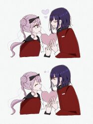 1boy 1girl 2koma brother_and_sister comic hands_up heart incest looking_at_another open_mouth pink_eyes pink_hair purple_eyes siblings simple_background the_hundred_line_-last_defense_academy- tsukumo_ima tsukumo_kako twincest twins white_background