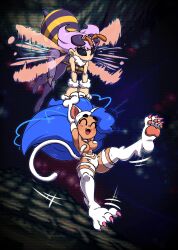 2girls animal_ears arthropod_girl blue_hair breasts cat_ears cat_tail closed_eyes dark-skinned_female dark_skin felicia_(darkstalkers) flying highres insect_wings jellot large_breasts leotard multiple_girls purple_hair q-bee tail darkstalkers white_fur wings