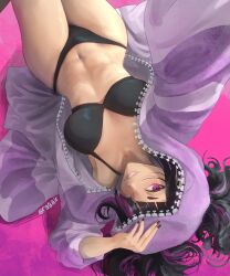 Rule 34 | 1girl, absurdres, black bra, black hair, black nails, black panties, bra, breasts, han juri, highres, looking at viewer, medium breasts, multicolored hair, nail polish, navel, open pajamas, pajamas, panties, purple eyes, purple hair, purple pajamas, rair, smile, solo, street fighter, street fighter 6, thighs, underwear