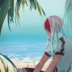 1boy adol_christin day facing_away kiruri_(mimosayoshi) looking_to_the_side male_focus ocean outdoors palm_tree red_hair red_shorts shirt shore short_hair short_sleeves shorts simple_bird solo tree veil white_shirt ys