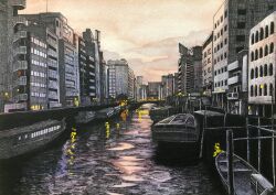 absurdres blurry boat building canal canoe city crosshatching depth_of_field hatching_(texture) highres ibsukionsen no_humans orange_sky original painting_(medium) pen_(medium) perspective reflection reflective_water scenery sky traditional_media urban water watercolor_(medium) watercraft