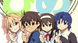 1boy 3girls arcueid_brunestud blonde_hair blue_eyes blue_hair brown_hair ciel_(tsukihime) commentary_request glasses hair_between_eyes hairband kono_subarashii_sekai_ni_shukufuku_wo! long_hair long_sleeves looking_at_viewer multiple_girls parody red_eyes school_uniform shadow short_hair simple_background smile sweater tententensan thumbs_up tohno_akiha tohno_shiki tomorrow_(konosuba) tsukihime turtleneck white_hairband
