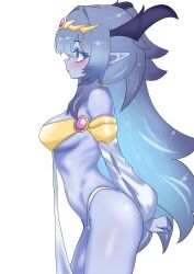 Rule 34 | 1girl, absurdres, blue eyes, blue skin, breasts, colored skin, cowboy shot, detached sleeves, dominus impulse, dragon girl, duel monster, from side, grey hair, highres, leaning forward, long hair, medium breasts, navel, oldsickkim, panties, pelvic curtain, pointy ears, revealing clothes, solo, tiara, underwear, very long hair, white background, white panties, yu-gi-oh!