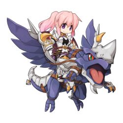 1girl armor armored_boots barding black_gloves black_thighhighs boots breastplate breasts cape chibi closed_mouth cross dragon dragon_knight_(ragnarok_online) full_body gauntlets gloves hair_between_eyes looking_at_viewer miniskirt official_art pauldrons pink_hair ponytail purple_eyes purple_shirt purple_skirt ragnarok_online red_cape reins riding riding_dragon shirt shoulder_armor simple_background skirt smile solo tabard thighhighs transparent_background v-shaped_eyebrows yuichirou