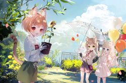 3girls amafuyu animal_ear_fluff animal_ears arms_up bag balloon black_shirt blonde_hair blue_eyes braid brown_hair brown_shorts cat_ears cat_girl cat_tail child cloud cloudy_sky collar day dress flower flower_pot green_eyes green_shorts handbag highres holding holding_balloon holding_flower_pot holding_pot holding_umbrella long_hair looking_at_another looking_at_viewer low_twintails multiple_girls open_mouth original outdoors petals plant poncho pot potted_plant red_eyes shirt short_hair shorts sky smile sundress sunflower tail twin_braids twintails umbrella white_dress white_shirt yellow_flower