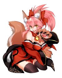 1girl animal_ears animal_hands bell breasts cleavage collar fang fate/grand_order fate_(series) female_focus fox_ears fox_tail hair_ribbon highres large_breasts long_hair looking_at_viewer moov_(mb_52) neck_bell open_mouth pink_hair ribbon simple_background solo tail tamamo_(fate) tamamo_cat_(fate) tamamo_cat_(first_ascension)_(fate) tamamo_no_mae_(fate/extra) white_background yellow_eyes
