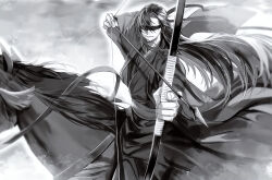 1boy aiming archery arrow_(projectile) blindfold bow_(weapon) chinese_clothes closed_mouth coat drawing_bow floating_hair greyscale hair_down hair_ribbon half_updo hanfu highres holding holding_arrow holding_bow_(weapon) holding_weapon horse horseback_riding long_hair long_sleeves male_focus mg_ms_dayo modao_zushi monochrome official_alternate_costume official_alternate_hairstyle official_art open_clothes open_coat outstretched_arm reins ribbon riding robe sash smile solo third-party_source weapon wei_wuxian wei_wuxian_(yiling_laozu) wide_sleeves wind