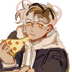 1boy blonde_hair blush boluoyuxiaogou eating food highres holding holding_food holding_pizza hood hood_down hoodie jacket jonah_marshall_(mandela_catalogue) looking_to_the_side male_focus mandela_catalogue multicolored_hair pizza pizza_slice solo white_background yellow_eyes