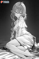 1girl artist_name barefoot bed braid commentary crossed_bangs dress english_commentary english_text feet greyscale highres long_hair looking_at_viewer looking_to_the_side lying monochrome mushoku_tensei off-shoulder_dress off_shoulder on_bed on_side paid_reward_available patreon_logo patreon_username roxy_migurdia solo sydus thighs toes twin_braids very_long_hair white_dress